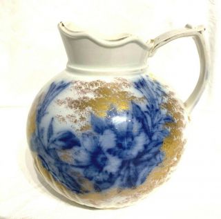 Ornate Antique C&h Tunstall Petunia Flow Blue Pitcher W Gold Overlay Highlights