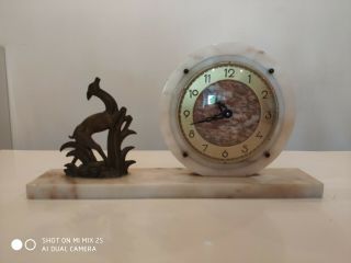 Antique Vintage French Art Deco Marble Wind Up Clock - Bronze Deer Figurine