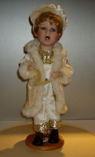 Vintage Porcelain Bisque Christmas Boy Caroler Doll Dress In White & Gold 17 " T
