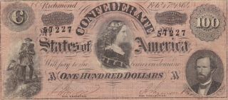 100 Dollars Fine - Vf Banknote From Confederate States 1864 Pick - 71 Rare