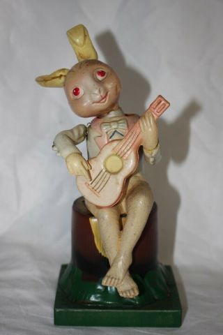 Antique Occupied Japan Celluloid Wind Up Musical Toy Bunny Playing Guitar 8 " Nr