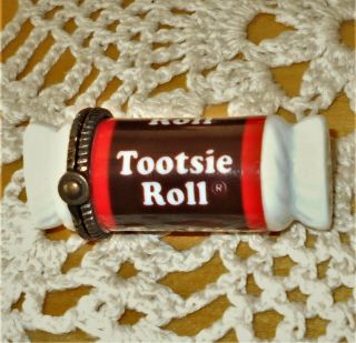 Tiny Tootsie Roll Candy Porcelain Box Figurine Antique Brass Hinge Trim 2 " Long