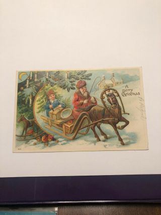 Antique 1907 Postcard - Santa On Horse & Sleigh With Child & Toys Moon Embossed