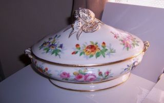 Antique Old Paris Porcelain Covered Vegetable Tureen Dish Hand Painted Flowers