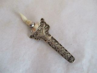 Antique Silver Toothpick Lapel Pin Filigree Sheath & Keris Buntel Melayu Bugis