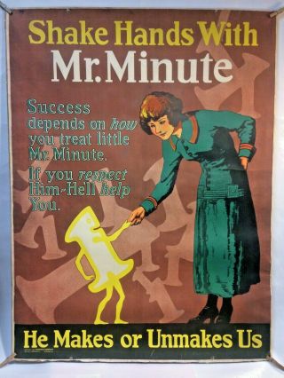 Rare 1924 " Shake Hands With Mr.  Minute " Mather Work Incentive Poster