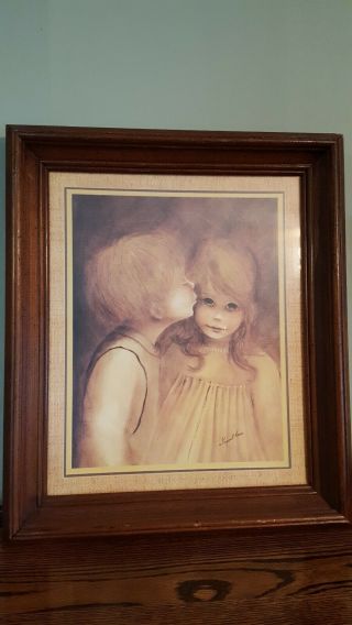 Vintage Margaret Kane - " A Little Kiss " - Big Eye Boy & Girl Framed Print 17x20