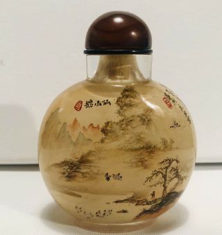 Signed Antique Chinese Snuff Bottle Reverse Inside Painted Landscape Mountains 2