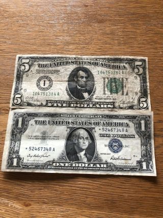 1928 $5 Redeemable In Gold - Green Seal.  Rare W/bonus $1 Star Note