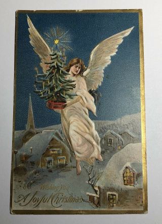 Antique Postcard Wishing You A Joyful Christmas Angel Holding Tree C1908