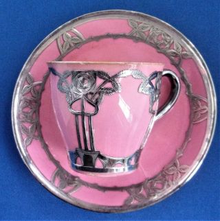 Antique Art Nouveau Silver Overlaid Minton Coffe Cup & Saucer - Birmingham 1907.