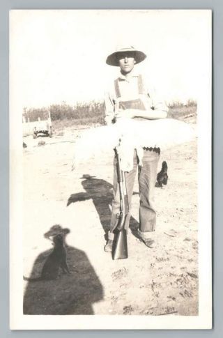 Farmer Man W Rifle & Bird Hunting Cat Rppc Antique Gun Hunter Photo 1910s