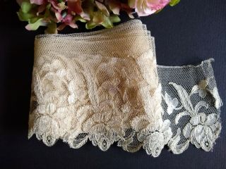 Antique Length Of Silky Embroidered Cotton Net Lace Roses 2 Yds X 3 "