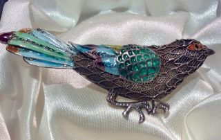 Antique Chinese Silver Turquoise Filigree & Enamel Bird Brooch