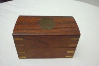 Vintage Wooden Playing Card Box Brass Inlay & Spade Card Holds 2 Packs Of Cards