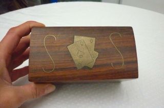 Vintage Wooden Playing Card Box Brass Inlay & Spade Card Holds 2 Packs of Cards 2