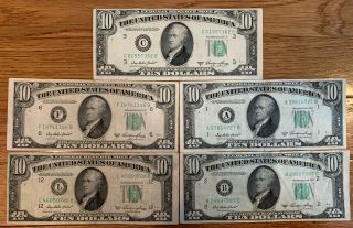 (5) 1950 Series A 10 Dollar Bills Federal Reserve Notes Rare U.  S.  Currency