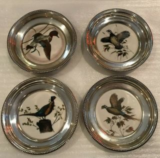 A Rare Set Of 4 Frank Whiting Pheasant Porcelain Sterling Silver Coasters