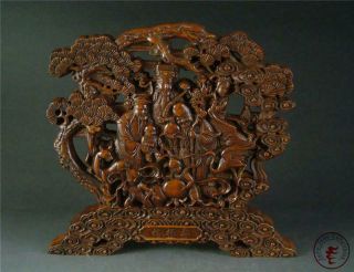 Large Old Chinese Boxwood Carved Table Screen Statue God Of Fu,  Lu & Shou