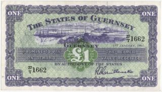 Guernsey 1 Pound Dated 1961 Rare Date Signed Guillemette P43b Vf,