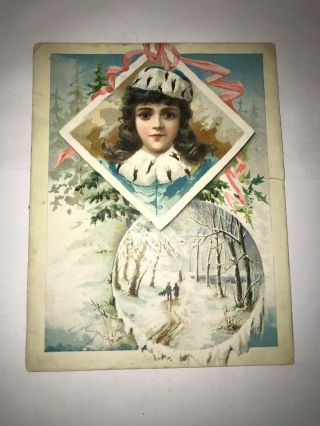 Antique Merry Christmas Trade Card,  Lion Coffee & Woolson Spice Co Ohio Girl