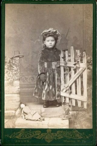 Antique Photographs On Card Of Toddler In Winter Coat & Hat W/ Porcelain Doll