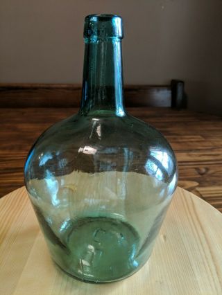 Large Antique Green Glass Demijohns Bottle V.  Ayelense Swirled 1 Gallon