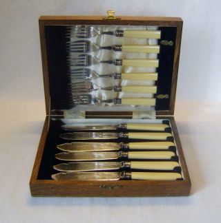 Vintage Set 6 Pairs White Handle Silver Plated Fish Knives Forks In Oak Case