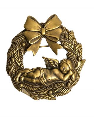 Signed Jj Antique Gold Tone Wreath Sleeping Cherub Angel Brooch Pin Bow