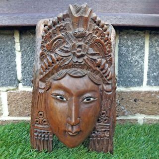 Chinese / Asian Carved Wooden Mask With Glass Eyes - Empress / Goddess Carving