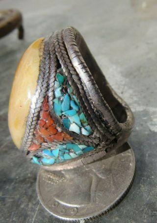 Vintage Chinese Tibetan Amber Coral Turquoise Silver Ring Tribal Biker Antique