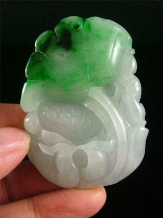 Old Jadeite Emerald Jade Pendant Netsuke Mandarin Ducks,  Lotus & Ruyi