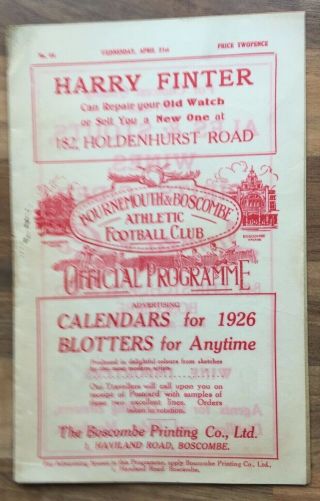 Rare Pre War Bournemouth V Norwich City (division Three) 21st April 1926