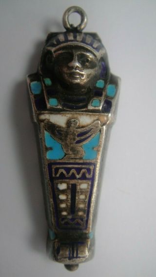 Rare Antique Egyptian Revival Silver Enamel Sarcophagus Mummy Charm Or Pendant