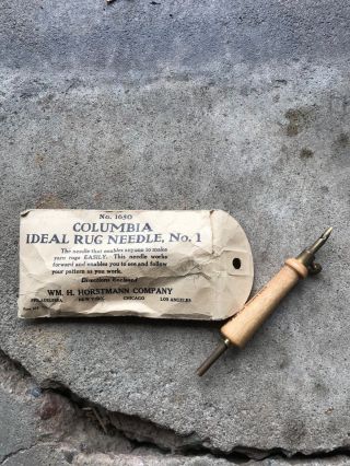 Antique Wooden Columbia Rug Needle No.  1 With Instructions And Package