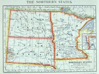 1896 Mathews Northrup Map Minnesota North & South Dakota Minneapolis Black Hills