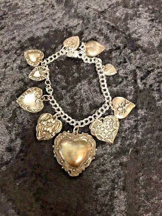 Antique Victorian Elco Sterling Silver Charm Bracelet W/13 Charms Heart Clasp
