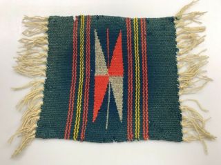 Antique Woven Dollhouse Miniature Rug Blue Red Yellow W/ Fringe Wool