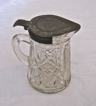 Vintage Antique Syrup Pitcher Glass Metal Lid Small 4 3/8 " Tall