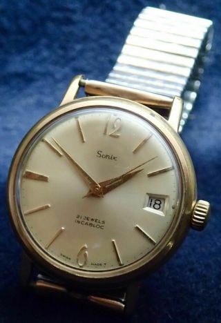Sonix Vintage Mens Date Wristwatch Swiss 21 Jewels Stainless Steel Back