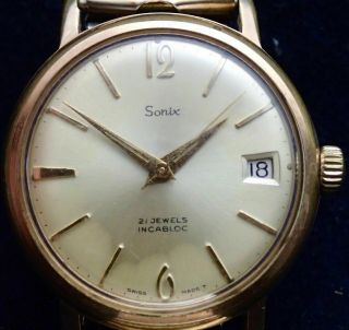 Sonix vintage mens date wristwatch Swiss 21 Jewels Stainless Steel back 3
