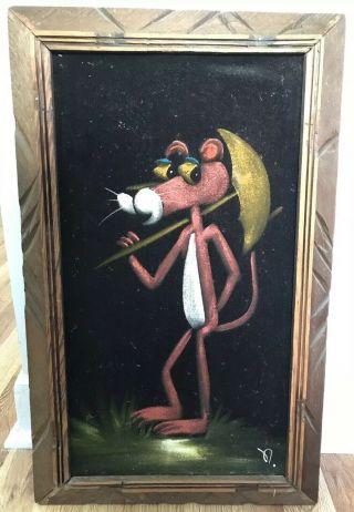 Vintage Pink Panther Velvet Framed Picture Painting Signed 23 X 14 Rare Mid Cent