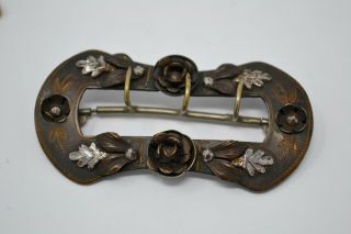 Unusual Antique Victorian Brass & Faceted Steel Sash Buckle W/ Rose Motif