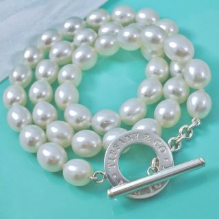 Rare Tiffany & Co Silver Toggle Logo Freshwater Pearl Necklace 17in /34g 190209c