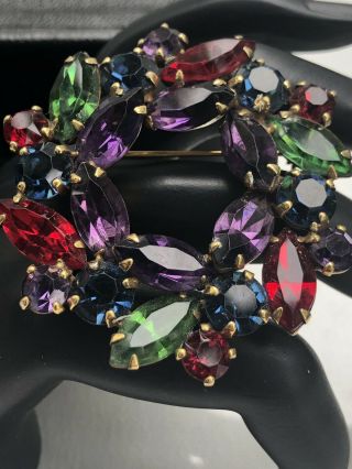 Signed Weis Rare Vintage Multicolor Red Green Blue Rhinestone Wreath Brooch Pin