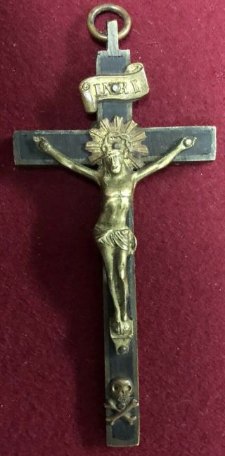 Antique Pectoral Priest Crucifix W/ Skull & Crossbones Brass & Wood
