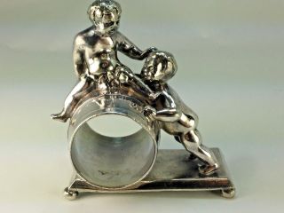 Antique Rare Silver Plated Figural " Two Babes Rolling The Barrel " Napkin Ring