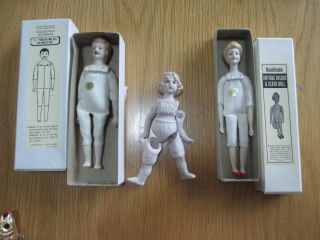 3 Vintage Shackman & Borgfeldt Bisque Porcelain Dolls With Boxes