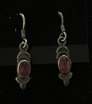 Vintage Sterling Silver Red Faceted Garnet Earrings French Hooks Tribal