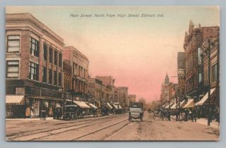 Main Street Elkhart Indiana Rare Antique Hand Colored Postcard Cars Trains 1910s